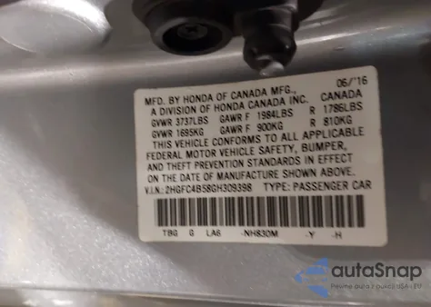 2016 Honda Civic Lx z USA, uszkodzony, nr VIN 2HGFC4B58GH309398